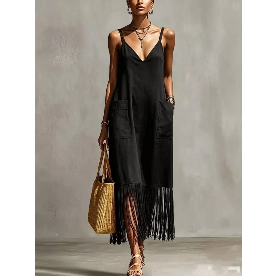 Full Size Fringe V-Neck Spaghetti Strap Dress Plus Size Black / S Apparel and Accessories