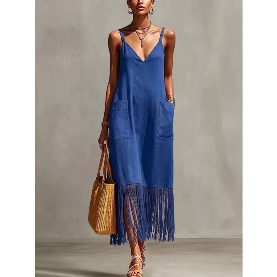Full Size Fringe V-Neck Spaghetti Strap Dress Plus Size Blue / S Apparel and Accessories