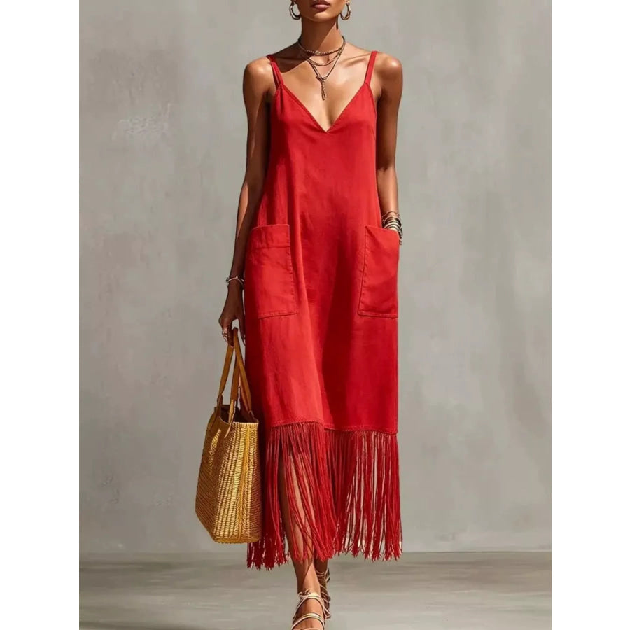 Full Size Fringe V-Neck Spaghetti Strap Dress Plus Size Red / S Apparel and Accessories