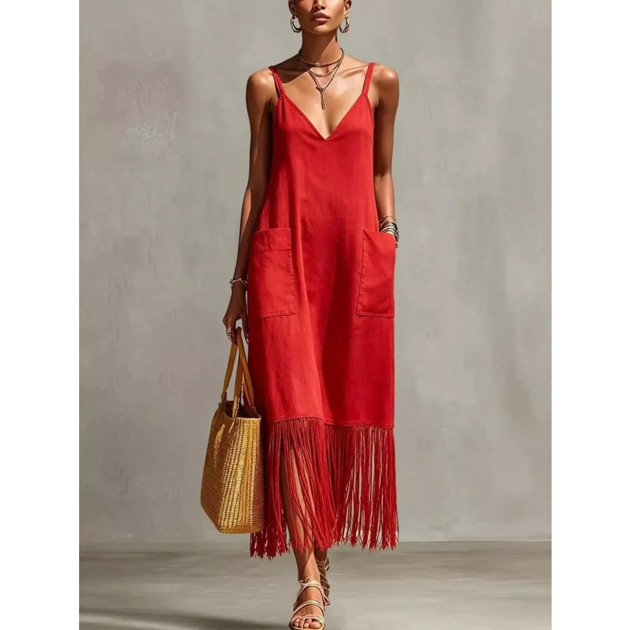 Full Size Fringe V-Neck Spaghetti Strap Dress Plus Size Red / S Apparel and Accessories