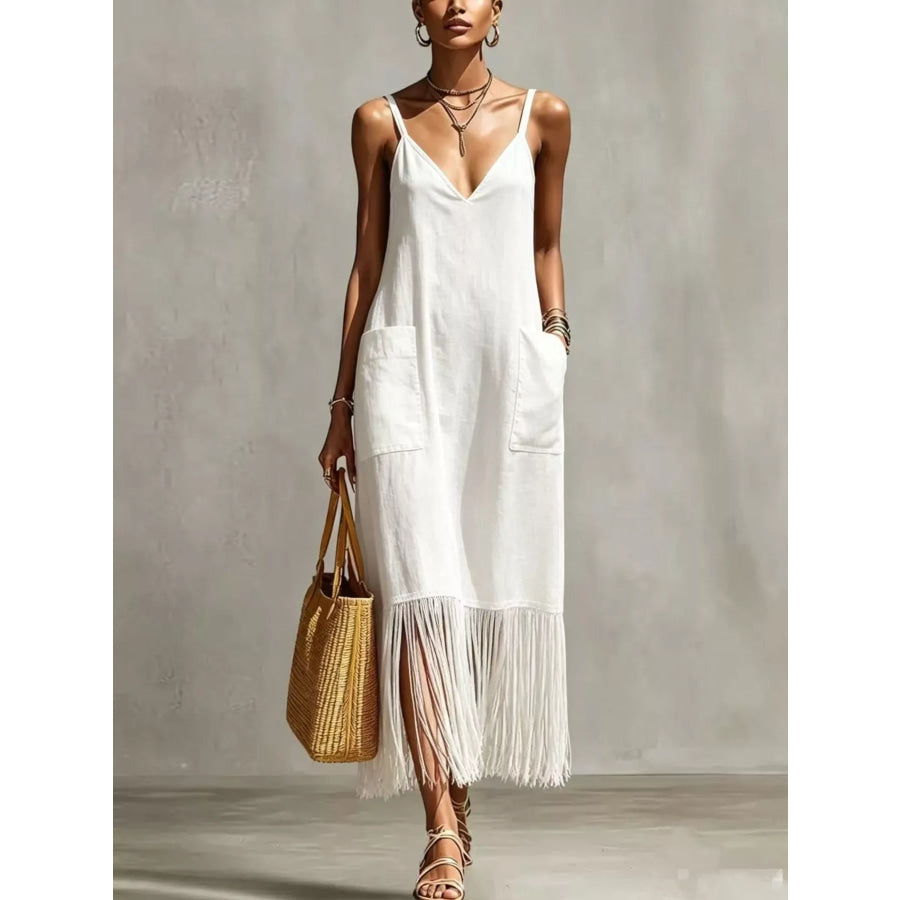 Full Size Fringe V-Neck Spaghetti Strap Dress Plus Size White / S Apparel and Accessories