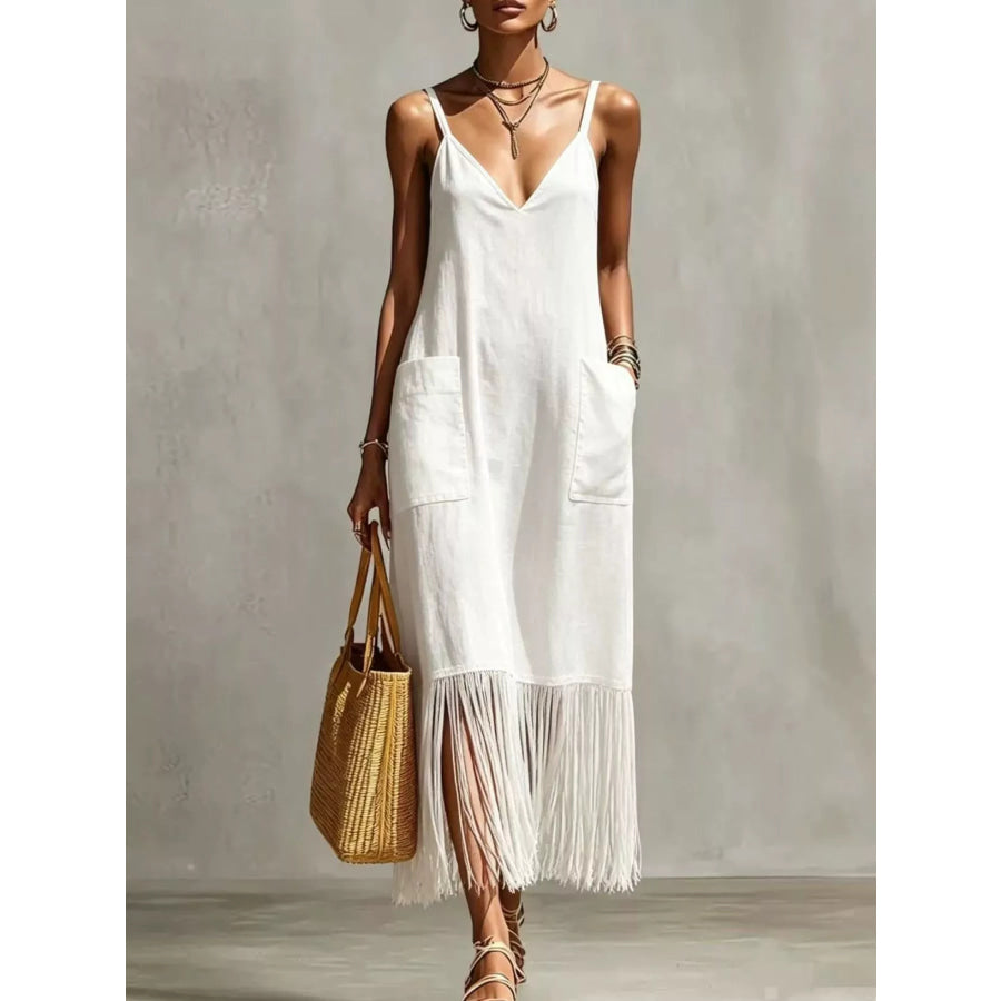 Full Size Fringe V-Neck Spaghetti Strap Dress Plus Size White / S Apparel and Accessories