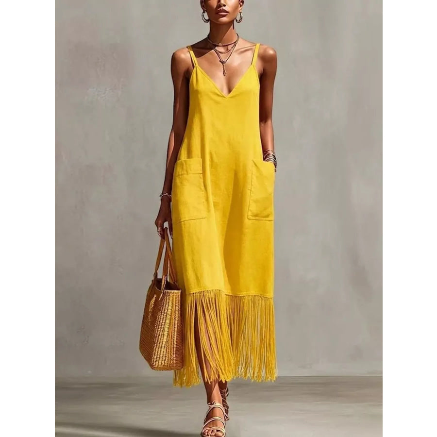 Full Size Fringe V-Neck Spaghetti Strap Dress Plus Size Yellow / S Apparel and Accessories