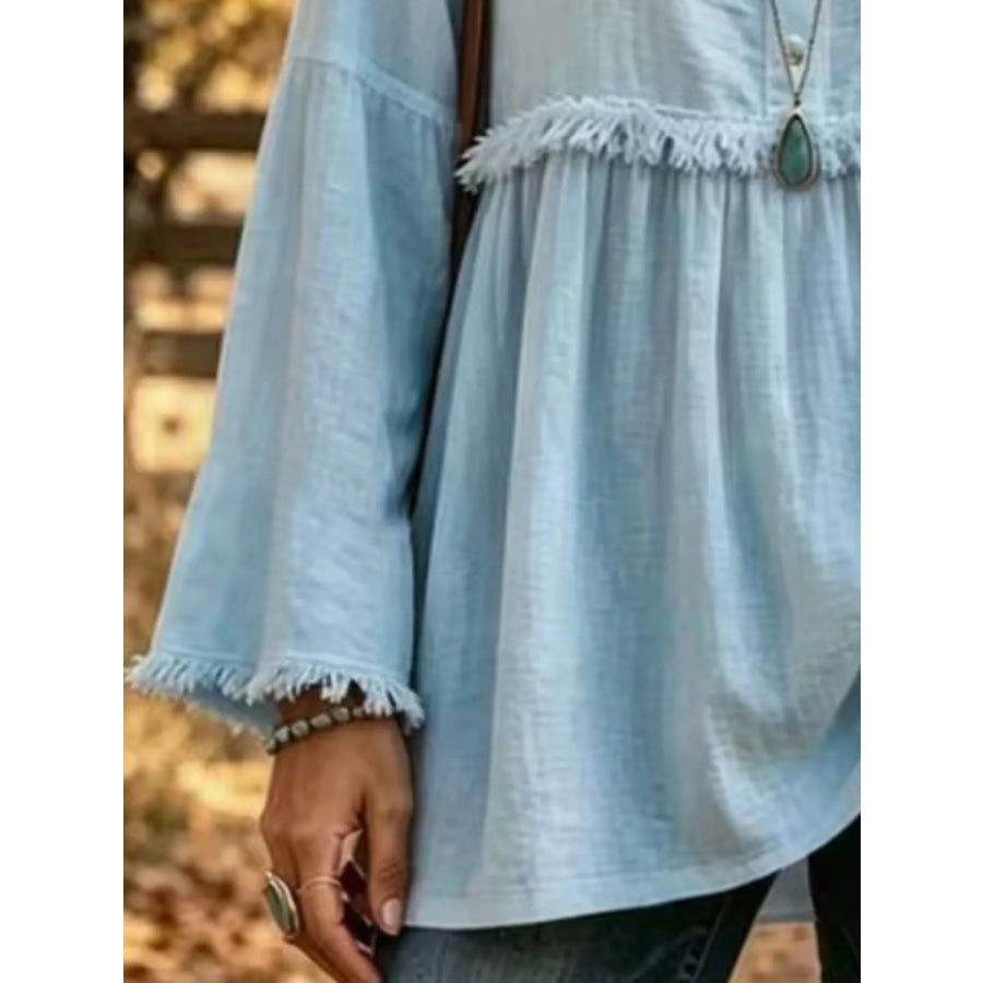 Full Size Fringed Button Detail Blouse Plus Apparel and Accessories