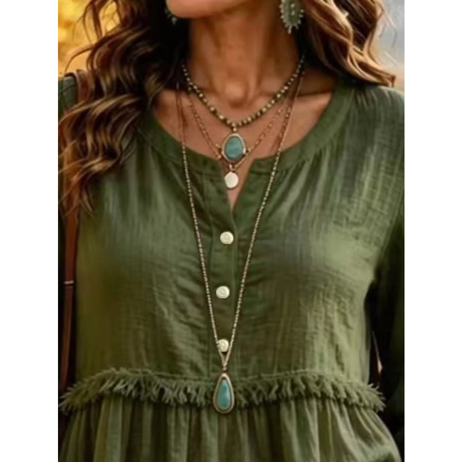 Full Size Fringed Button Detail Blouse Plus Apparel and Accessories
