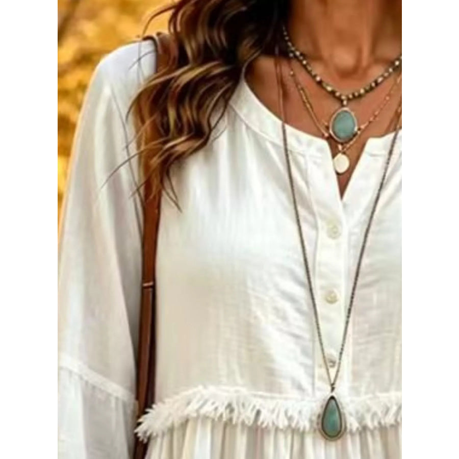 Full Size Fringed Button Detail Blouse Plus Apparel and Accessories