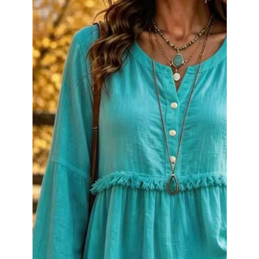 Full Size Fringed Button Detail Blouse Plus Apparel and Accessories