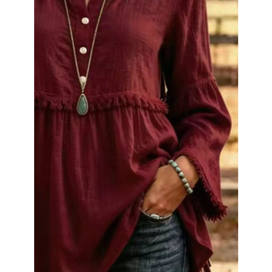Full Size Fringed Button Detail Blouse Plus Apparel and Accessories
