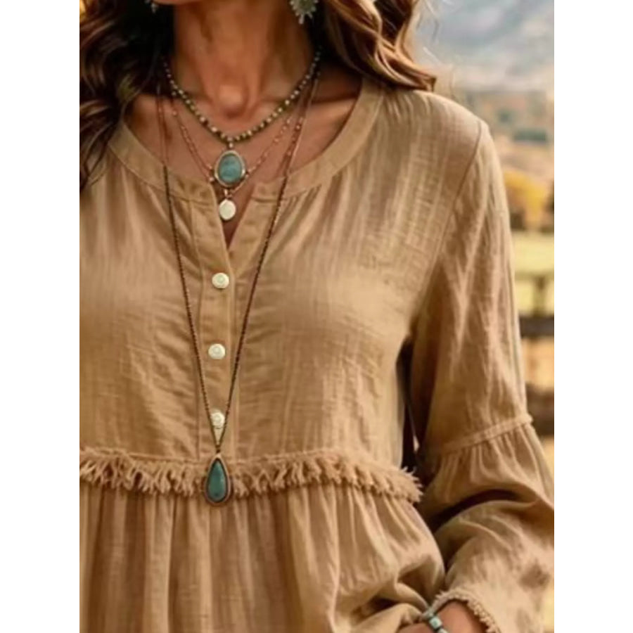 Full Size Fringed Button Detail Blouse Plus Apparel and Accessories