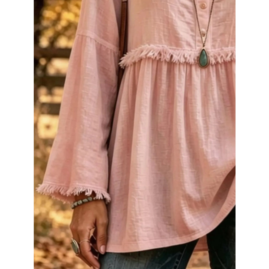 Full Size Fringed Button Detail Blouse Plus Apparel and Accessories