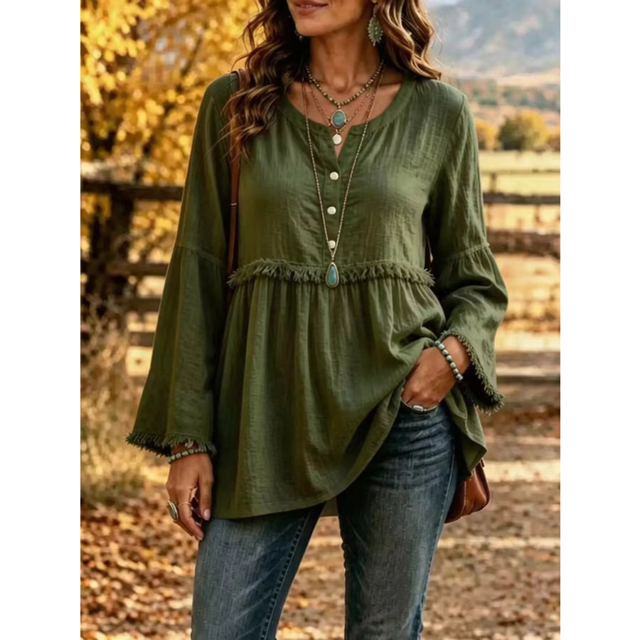 Full Size Fringed Button Detail Blouse Plus Army Green / S Apparel and Accessories