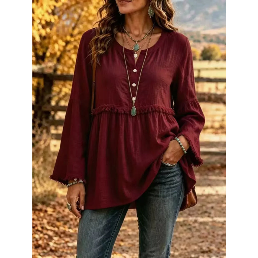 Full Size Fringed Button Detail Blouse Plus Burgundy / S Apparel and Accessories