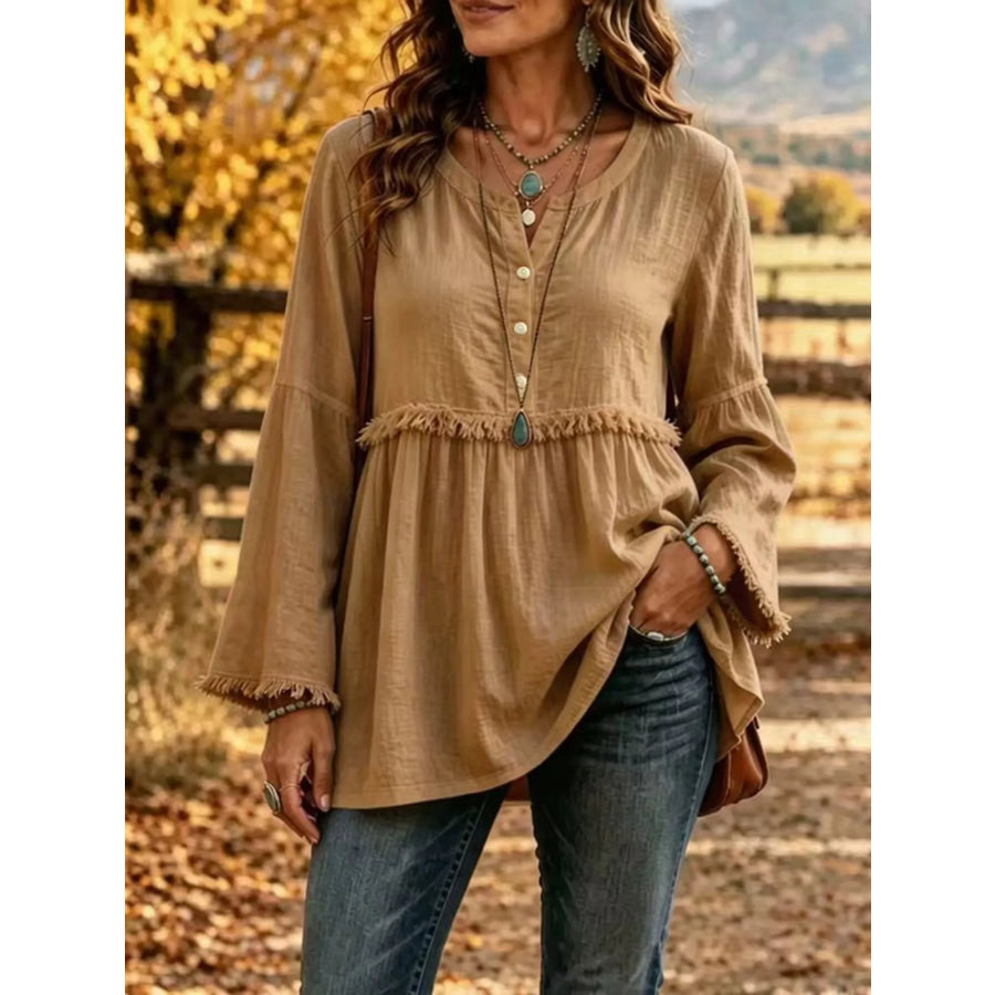 Full Size Fringed Button Detail Blouse Plus Caramel / S Apparel and Accessories