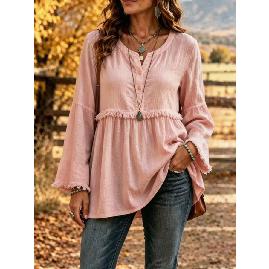 Full Size Fringed Button Detail Blouse Plus Pink / S Apparel and Accessories