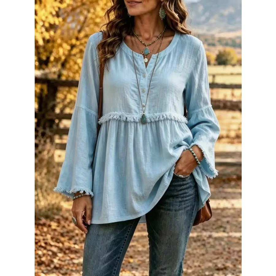 Full Size Fringed Button Detail Blouse Plus Sky Blue / S Apparel and Accessories