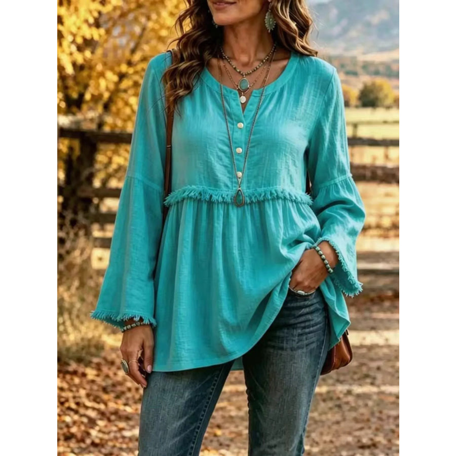 Full Size Fringed Button Detail Blouse Plus Turquoise / S Apparel and Accessories