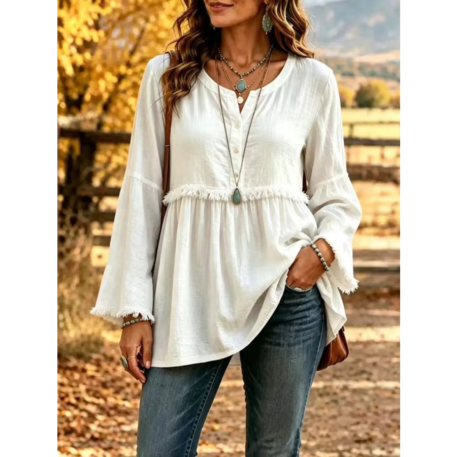 Full Size Fringed Button Detail Blouse Plus White / S Apparel and Accessories