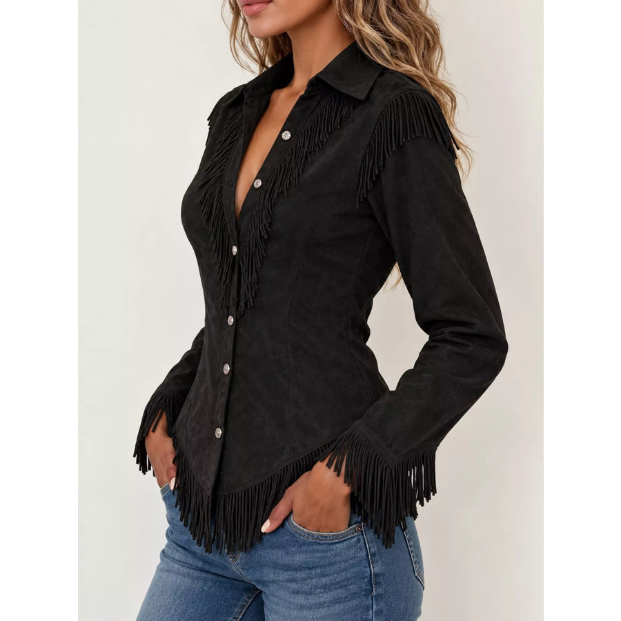 Full Size Fringed Button Up Shirt Plus Apparel and Accessories