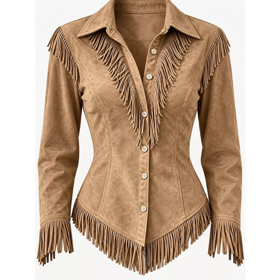 Full Size Fringed Button Up Shirt Plus Apparel and Accessories