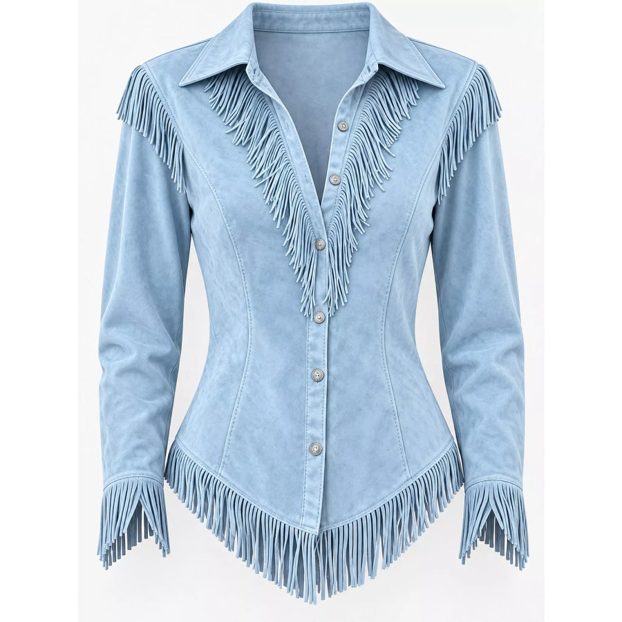 Full Size Fringed Button Up Shirt Plus Apparel and Accessories