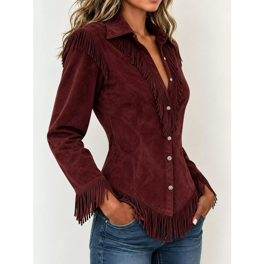 Full Size Fringed Button Up Shirt Plus Apparel and Accessories