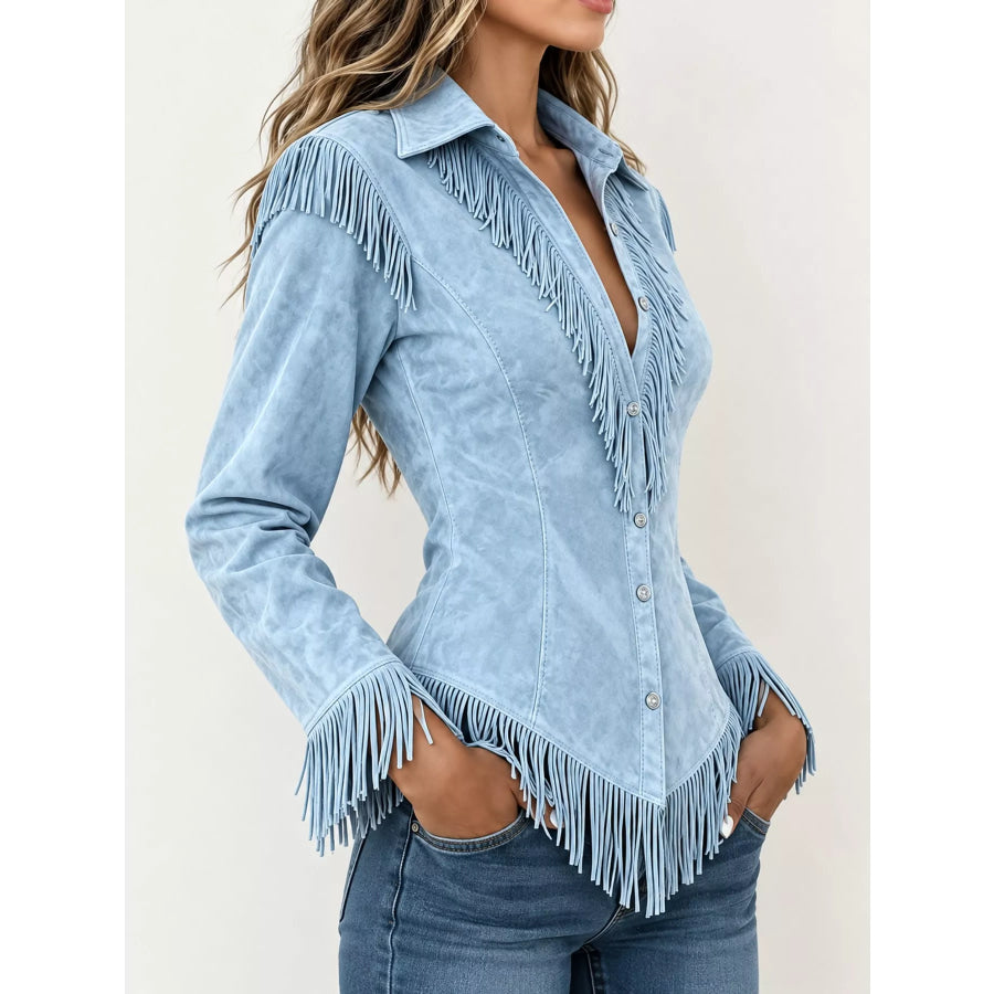 Full Size Fringed Button Up Shirt Plus Apparel and Accessories
