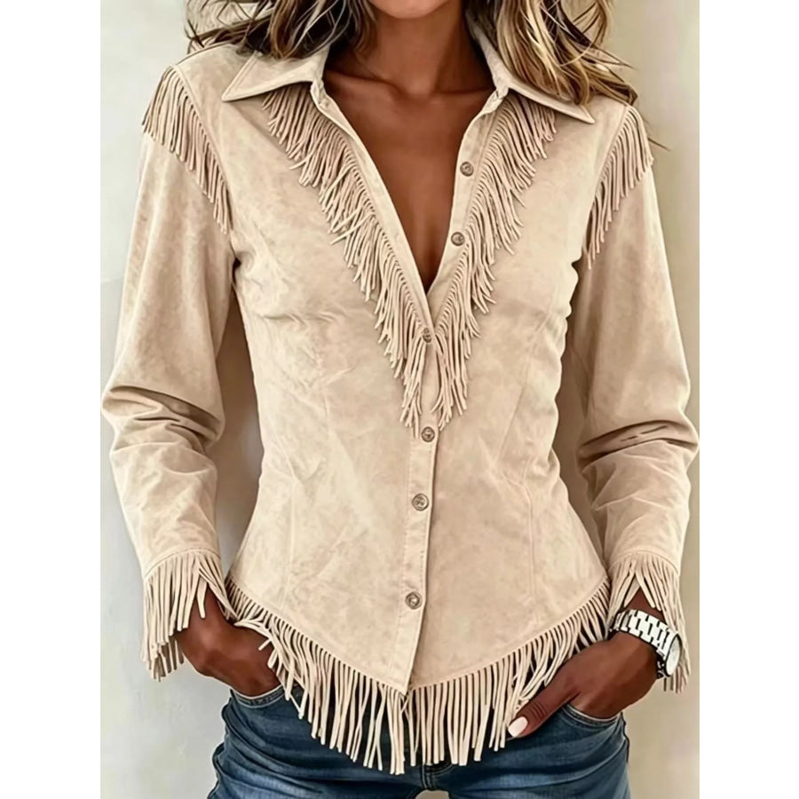 Full Size Fringed Button Up Shirt Plus Apparel and Accessories