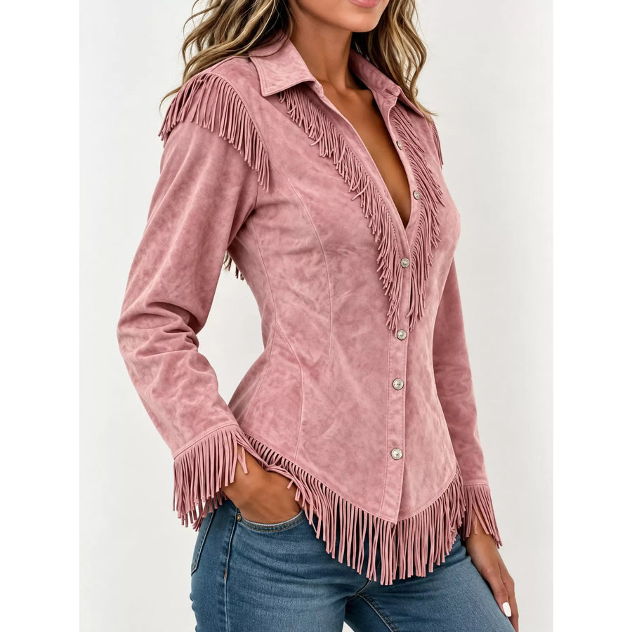 Full Size Fringed Button Up Shirt Plus Apparel and Accessories