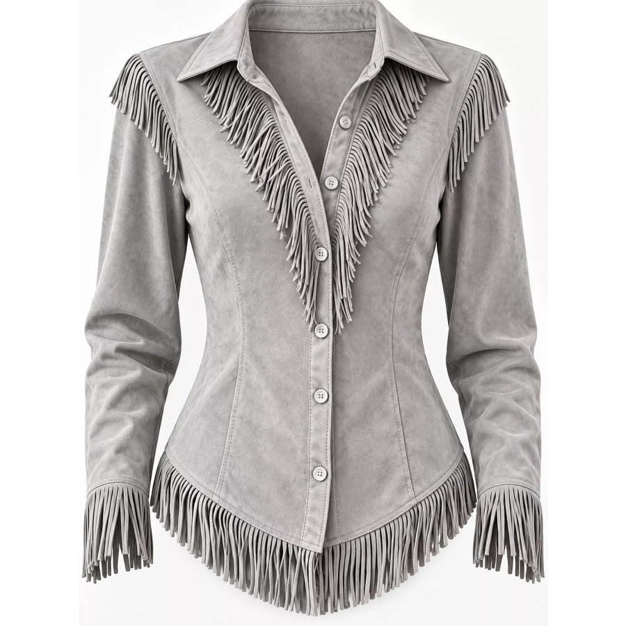 Full Size Fringed Button Up Shirt Plus Apparel and Accessories