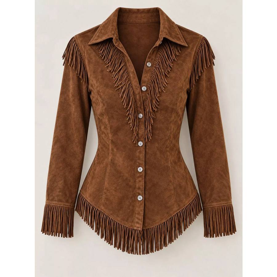 Full Size Fringed Button Up Shirt Plus Apparel and Accessories
