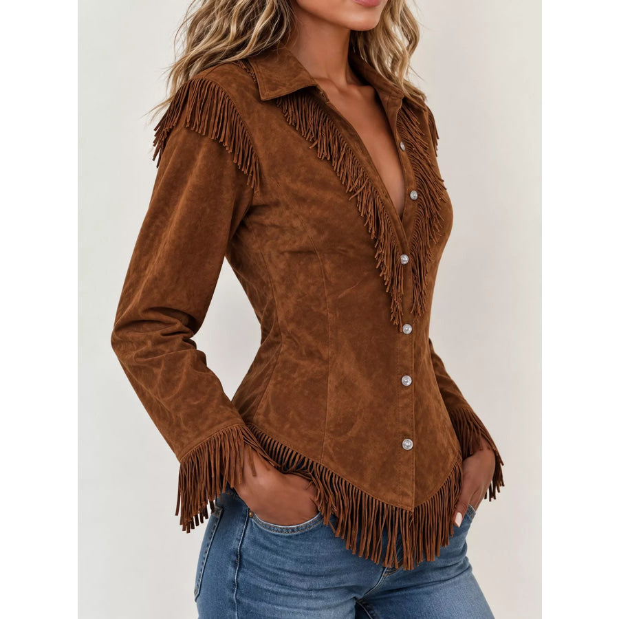 Full Size Fringed Button Up Shirt Plus Apparel and Accessories