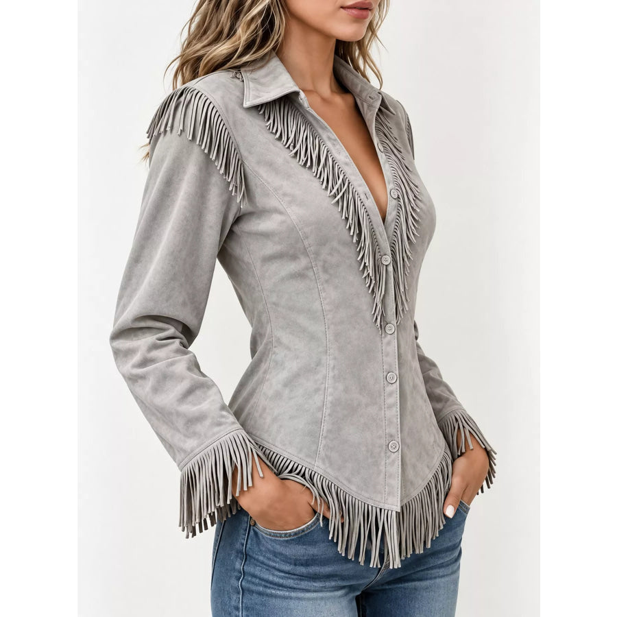 Full Size Fringed Button Up Shirt Plus Apparel and Accessories