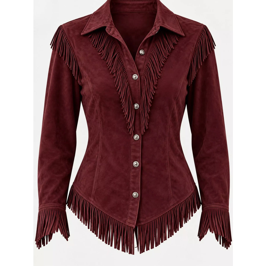 Full Size Fringed Button Up Shirt Plus Apparel and Accessories