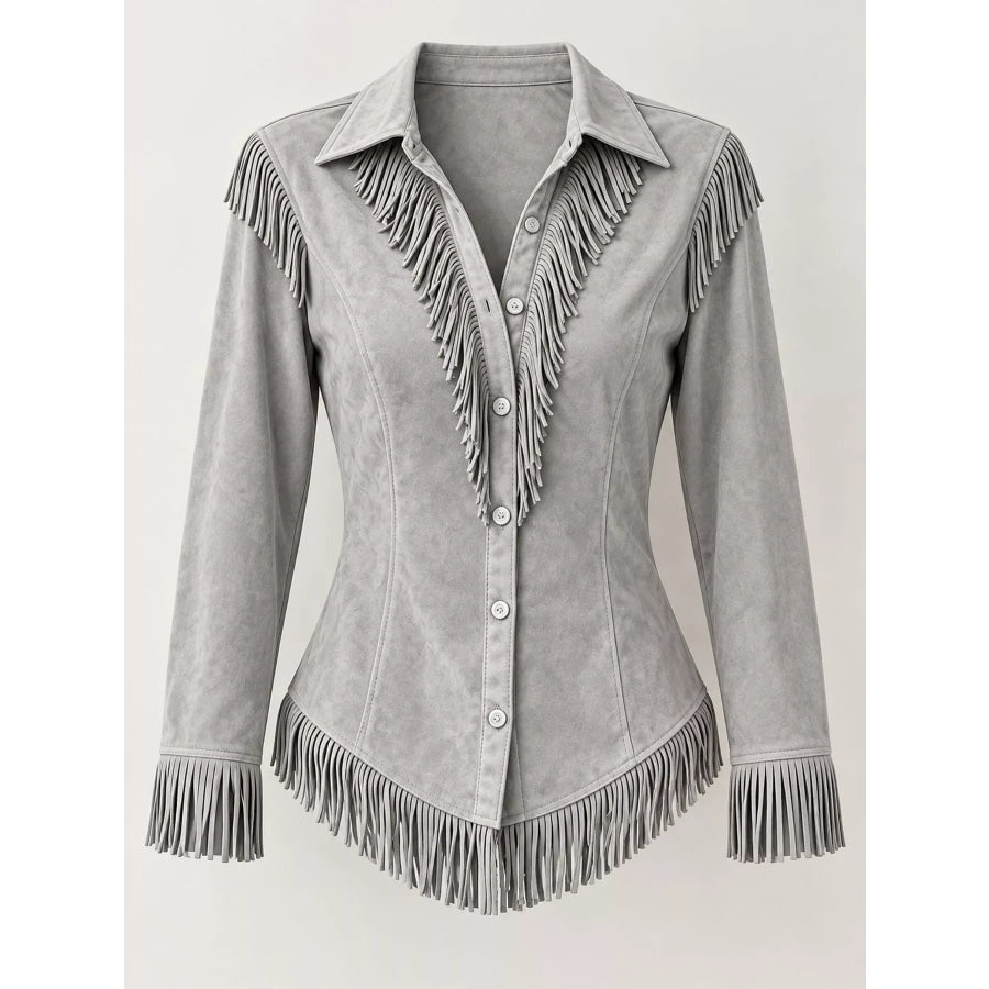 Full Size Fringed Button Up Shirt Plus Apparel and Accessories