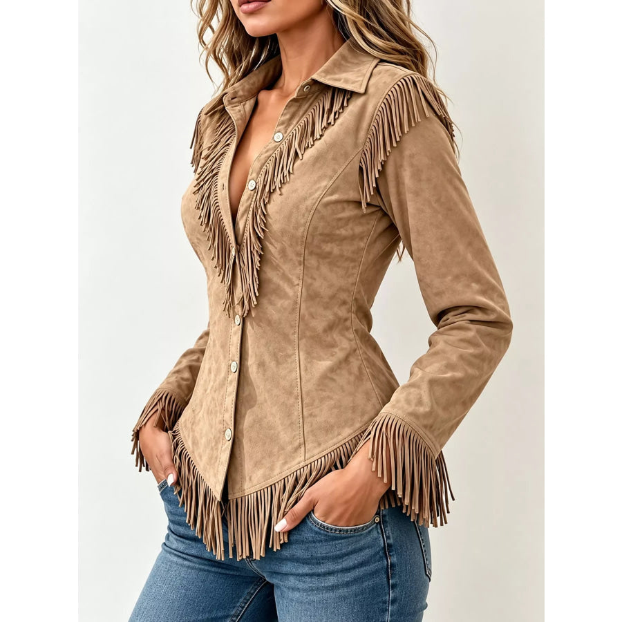 Full Size Fringed Button Up Shirt Plus Apparel and Accessories
