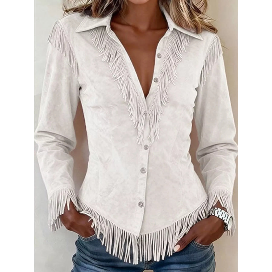 Full Size Fringed Button Up Shirt Plus Apparel and Accessories