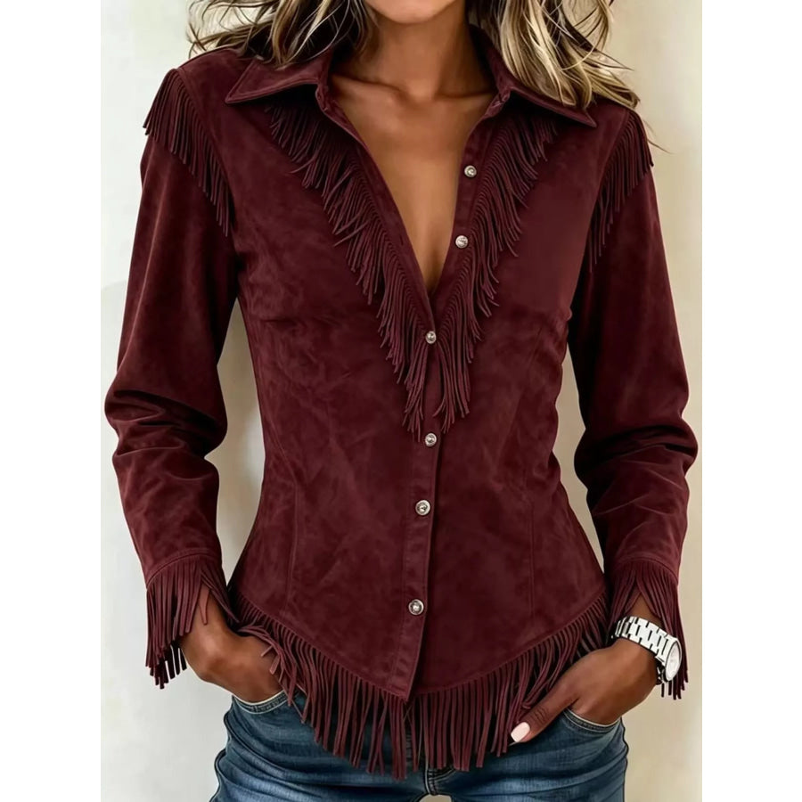 Full Size Fringed Button Up Shirt Plus Burgundy Standard Edition / S Apparel and Accessories