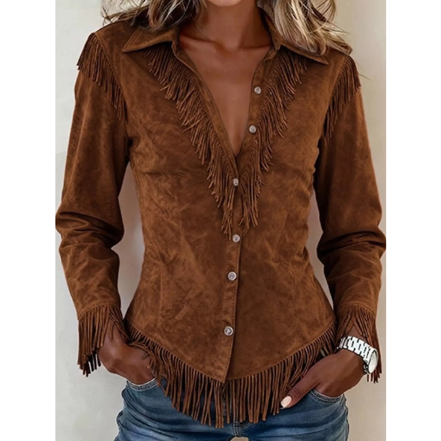 Full Size Fringed Button Up Shirt Plus Dark Brown Unbranded Model / S Apparel and Accessories