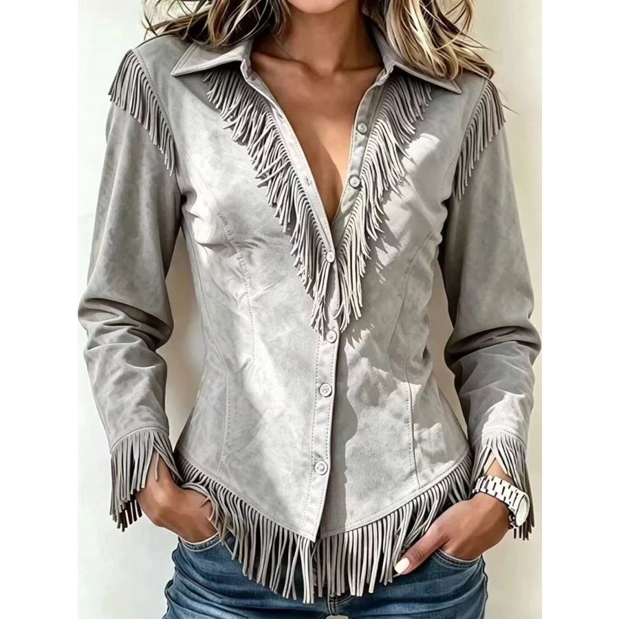 Full Size Fringed Button Up Shirt Plus Gray Unbranded Model / S Apparel and Accessories