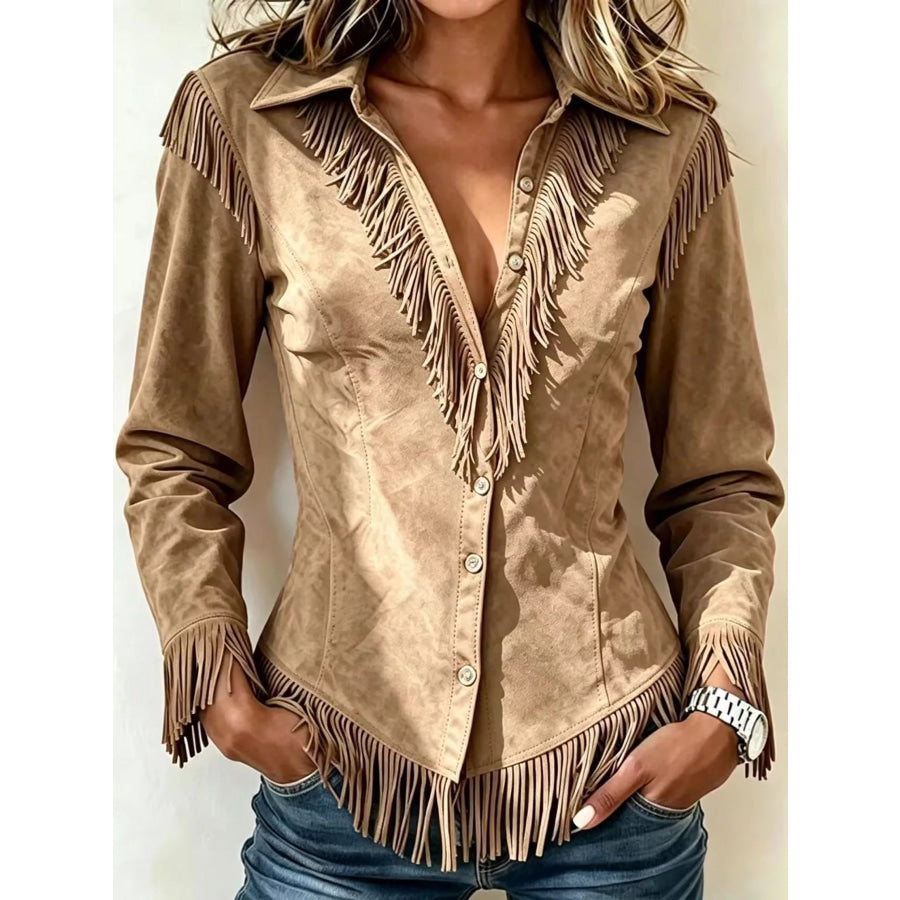 Full Size Fringed Button Up Shirt Plus Light Brown Unbranded Model / S Apparel and Accessories