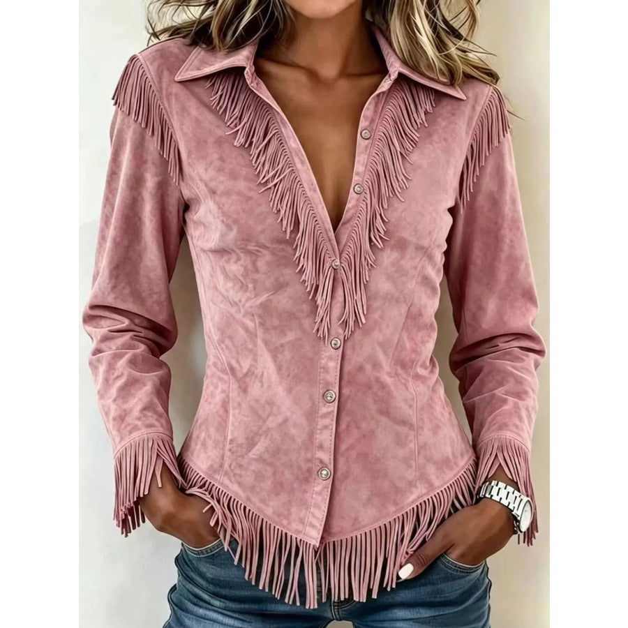Full Size Fringed Button Up Shirt Plus Pink Unbranded Model / S Apparel and Accessories