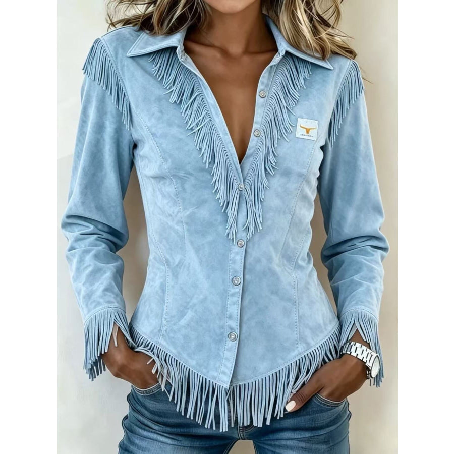 Full Size Fringed Collared Neck Shirt Plus Apparel and Accessories