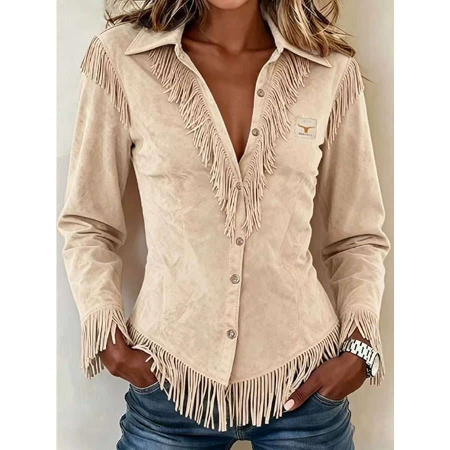 Full Size Fringed Collared Neck Shirt Plus Size Apricot / S Apparel and Accessories