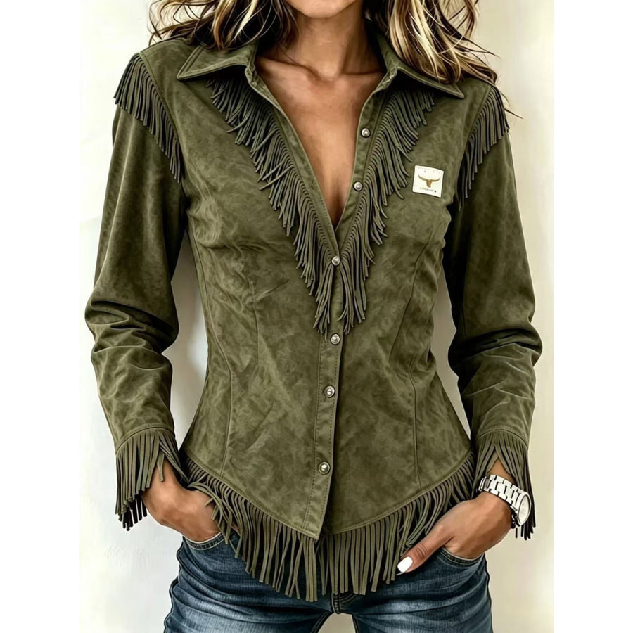 Full Size Fringed Collared Neck Shirt Plus Army Green / 2XL Apparel and Accessories