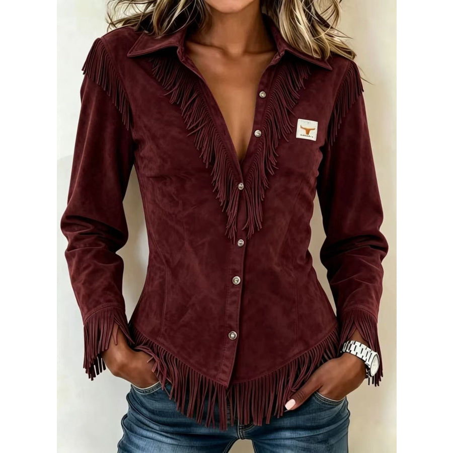 Full Size Fringed Collared Neck Shirt Plus Burgundy / XL Apparel and Accessories