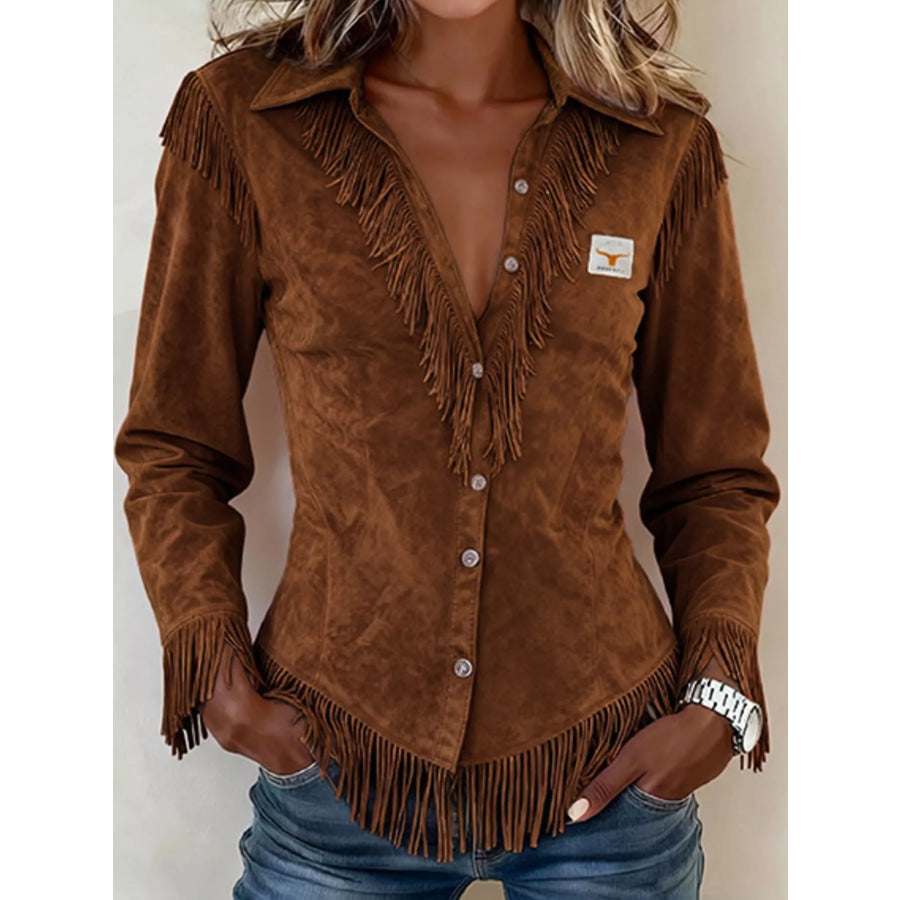 Full Size Fringed Collared Neck Shirt Plus Size Dark Brown / S Apparel and Accessories