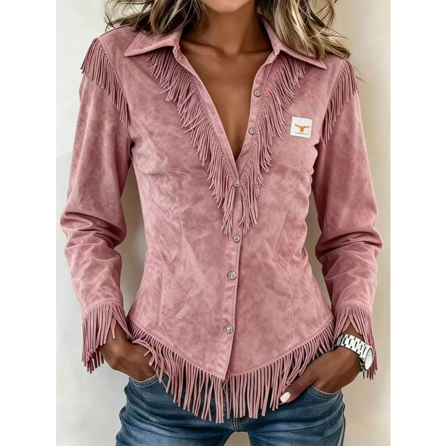Full Size Fringed Collared Neck Shirt Plus Size Dusty Pink / S Apparel and Accessories