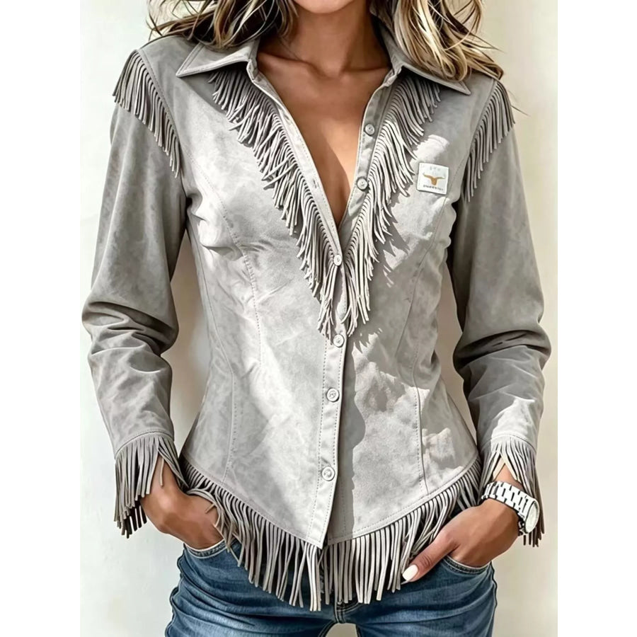 Full Size Fringed Collared Neck Shirt Plus Size Gray / S Apparel and Accessories