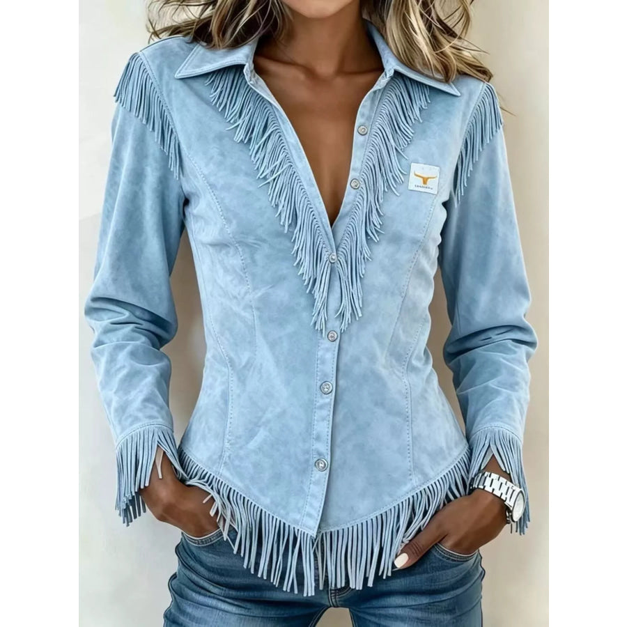 Full Size Fringed Collared Neck Shirt Plus Size Light Blue / S Apparel and Accessories