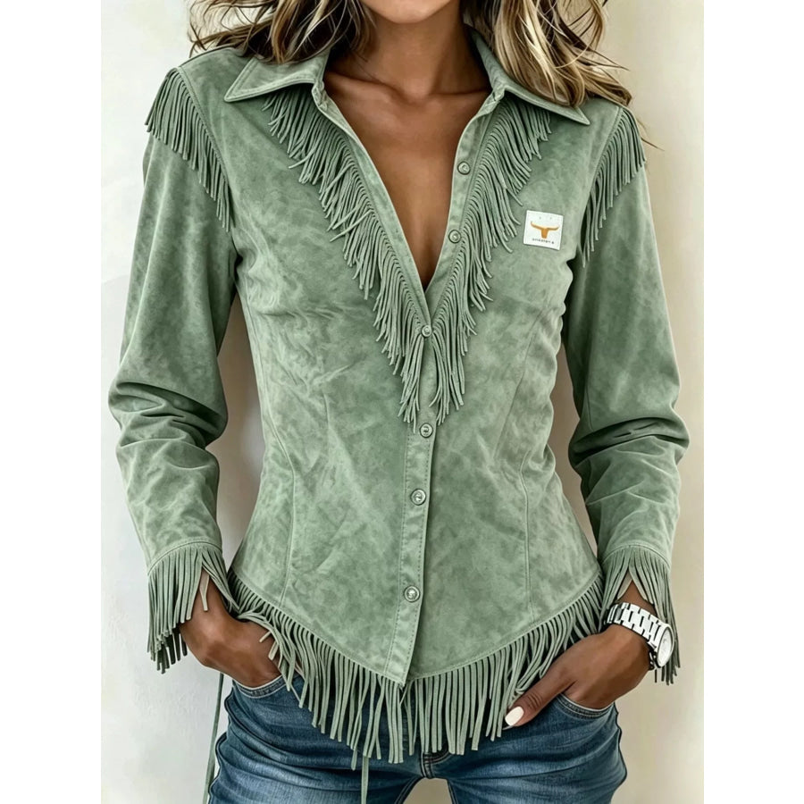 Full Size Fringed Collared Neck Shirt Plus Size Light Green / S Apparel and Accessories